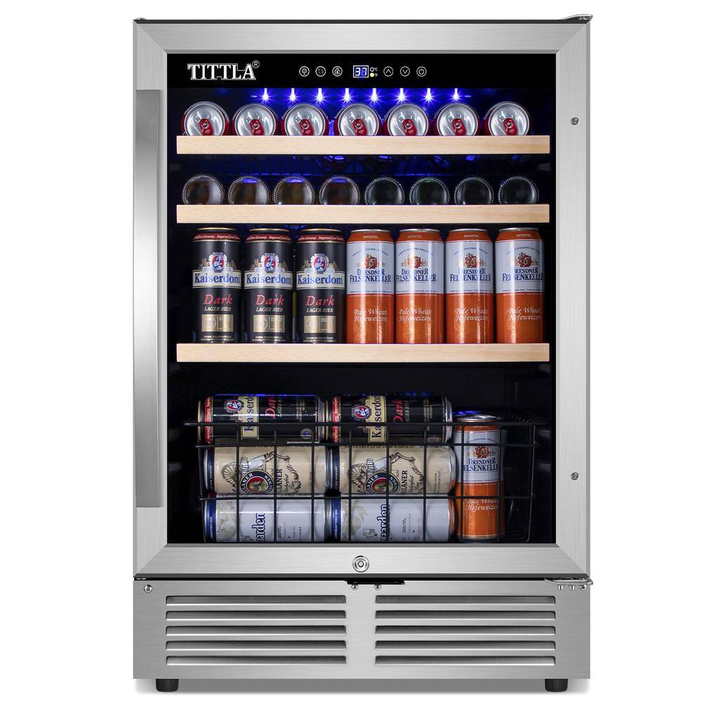 TITTLA 23.47 in. Single Zone 150-Cans Beverage Cooler in Silver Garage Ready Childproof Lock Reversible Door Hinge Blue LEDs KMBR150