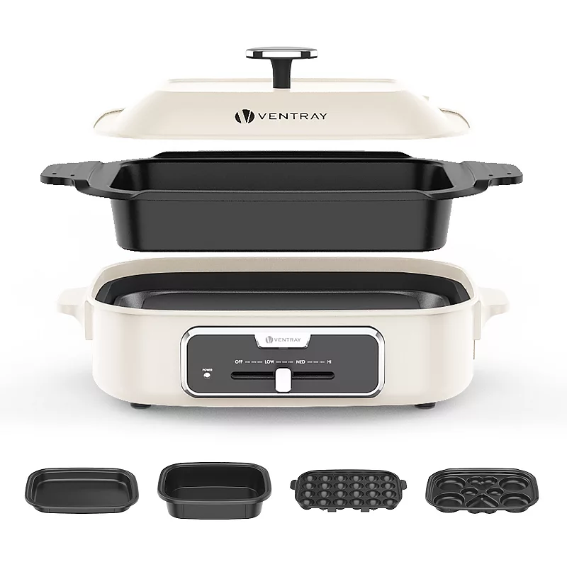 Indoor Electric Grill Appliance Griddle Party， Electric Skillets Set with 5 Interchangeable Nonstick Plates - Beige