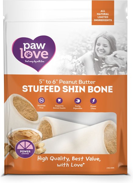 PawLove 5.5-in Peanut Butter Stuffed Shin Bone Dog Treat， 2 count