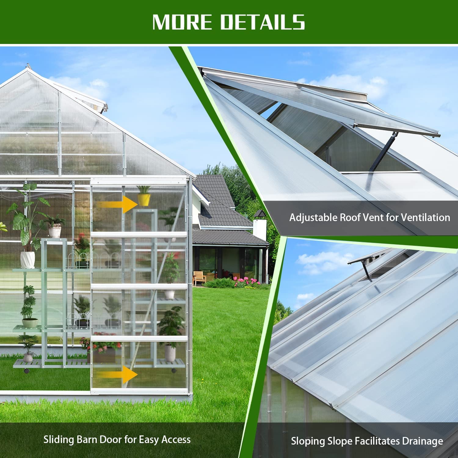 Yoleny 10' x 10' x 10.3' Outdoor Walk-in Hobby Greenhouse for Plants, Polycarbonate Aluminum Green House with Adjustable Roof Vent and Sliding Door for Backyard Garden in Winter