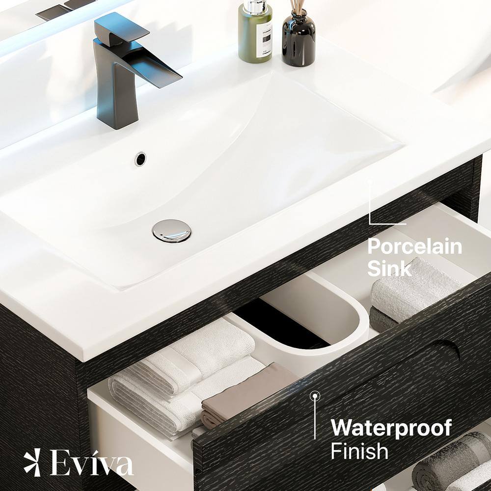 Eviva Joyous  32 in. W x 18 in. D x 22.5 in. H Floating Bath Vanity in Black wood with White Porcelain Top EVVN23-32BW-WMN