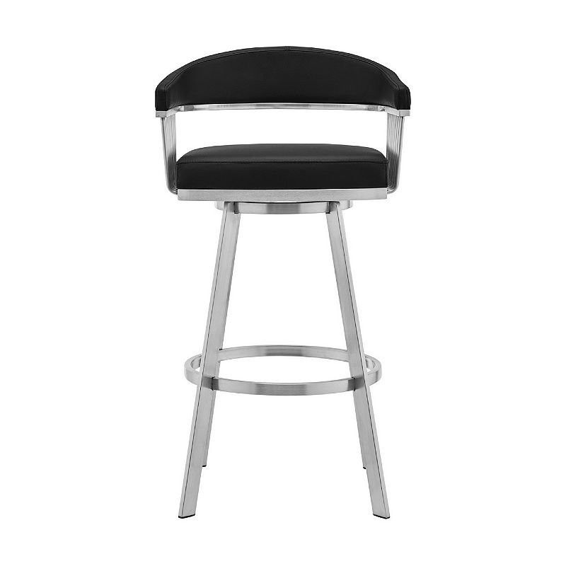 Swivel Barstool with Open Frame and Slatted Metal Arms， Black and Silver