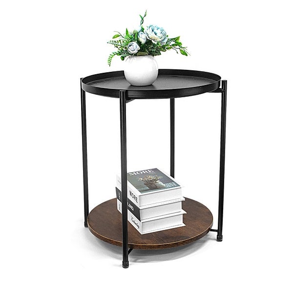 Round Wood Side Table with Storage， 2 Layer Black Metal Frame End Table