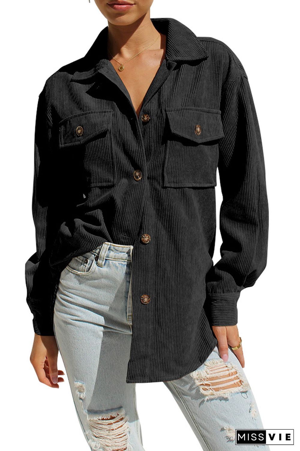 Plain Button Up Pockets Corduroy Jacket