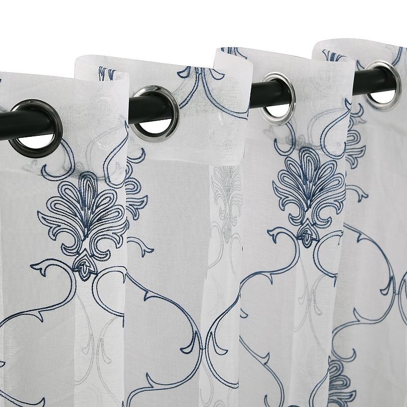 Superior Embroidered Elegant Scroll Sheer Grommet 2-Pack Window Curtain Set