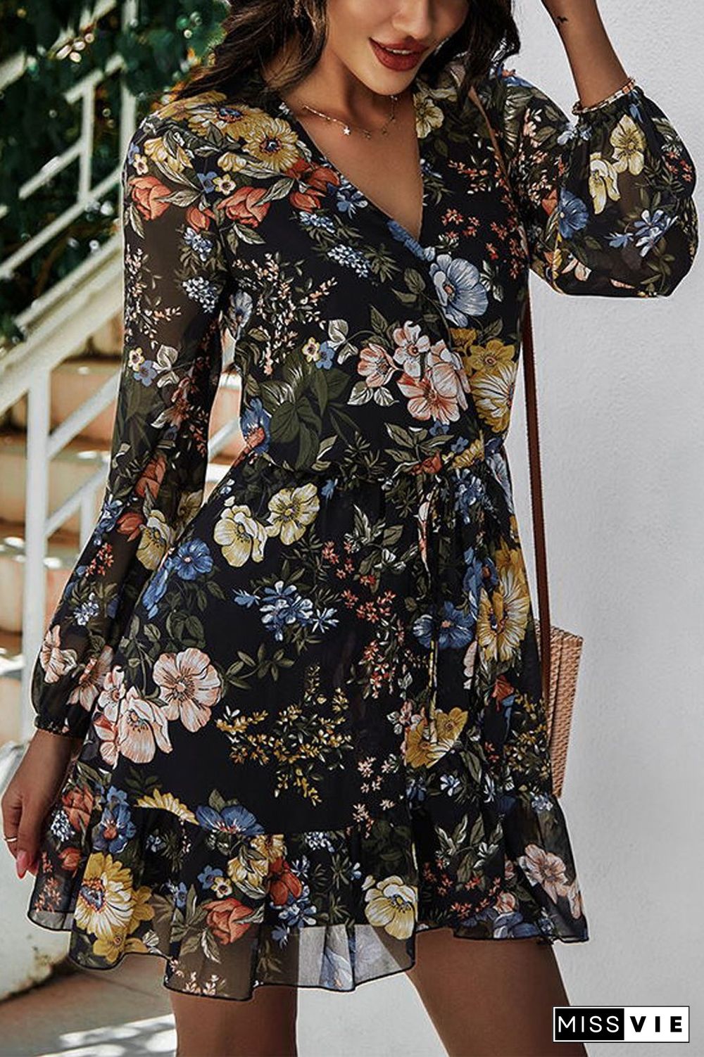 Chiffon V-Neck Floral Print Dress