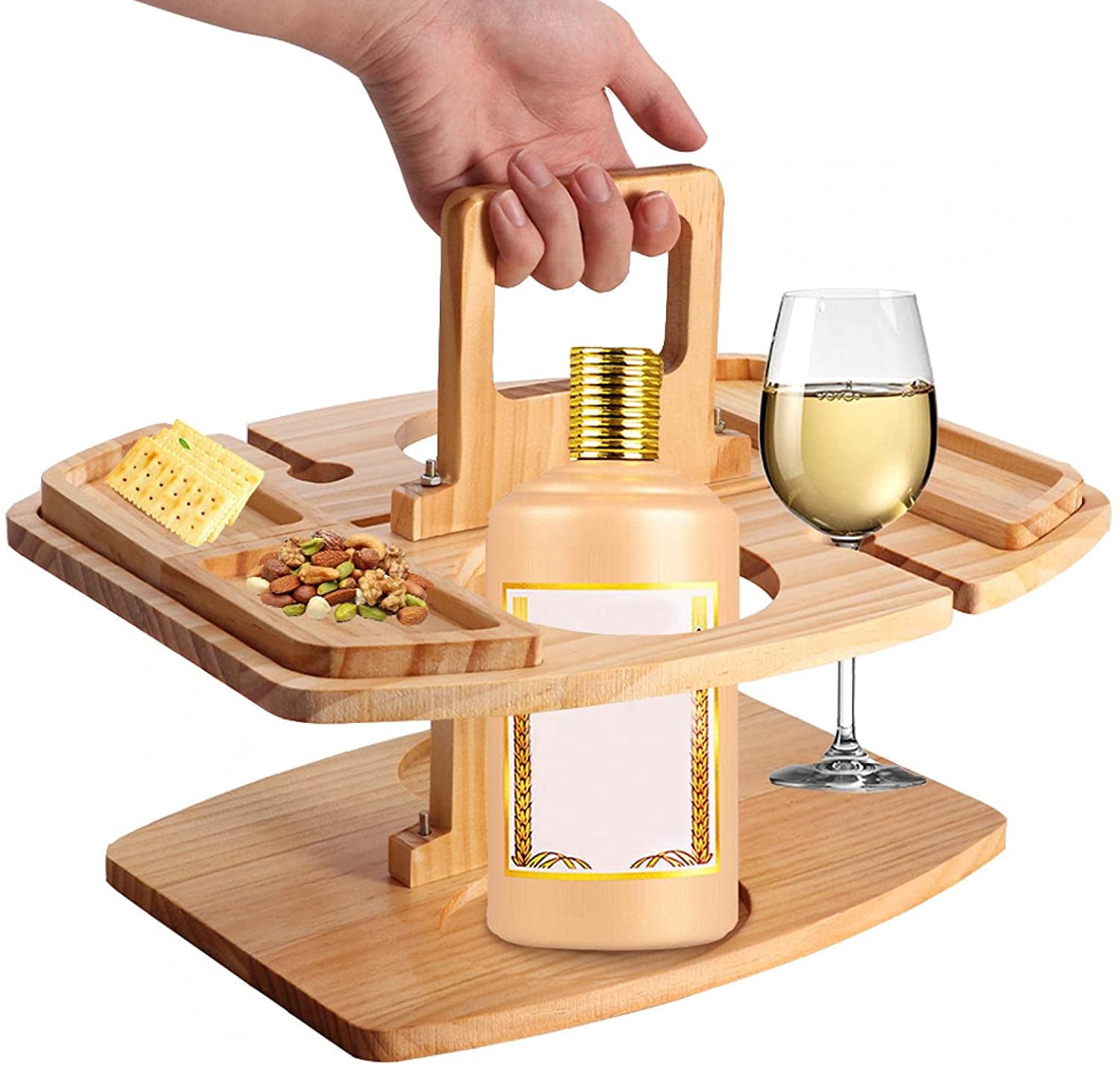 Portable Picnic Table， Wooden Wine Picnic Tables for Outdoors， Snack and Cheese Tray with 2 Wine Glasses Holder， Outdoor Beach Bar Table with Wine Glass Holder