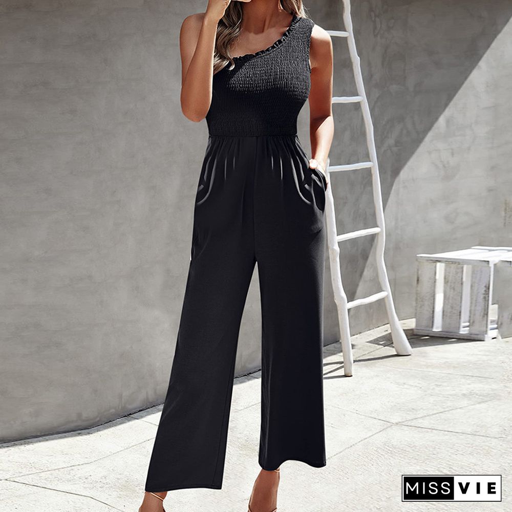 Fashion Commute Wide-Leg Pants Playsuits Ladies Sexy Elastic Slim One-Shoulder Jumpsuits Retro Harajuku Print Pocket Romper