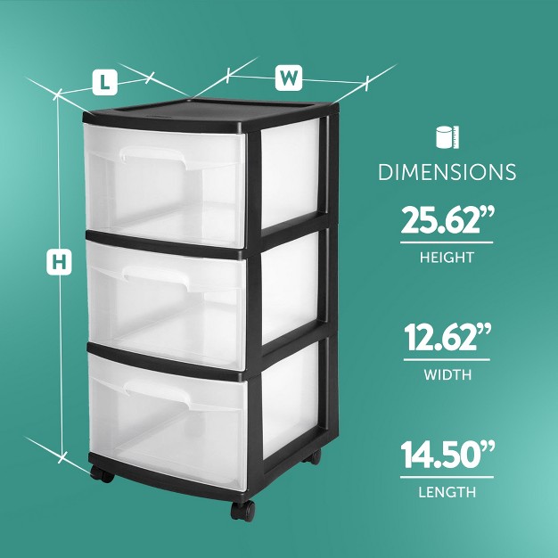 Sterilite 3 drawer Plastic Rolling Storage Cart Clear With Black Frame