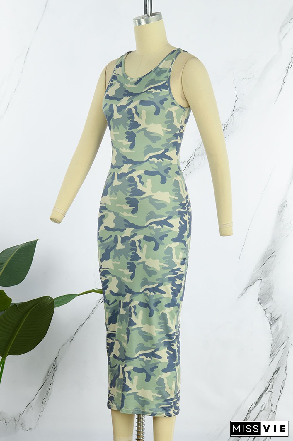 Cyan Sexy Casual Camouflage Print Basic O Neck Sleeveless Dress Dresses