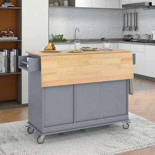 Runesay Gray Blue Rolling Mobile Kitchen Island with Solid Wood Top and Locking Wheels Storage Cabinet Drop Leaf Breakfast Bar EC-KCGB-5163