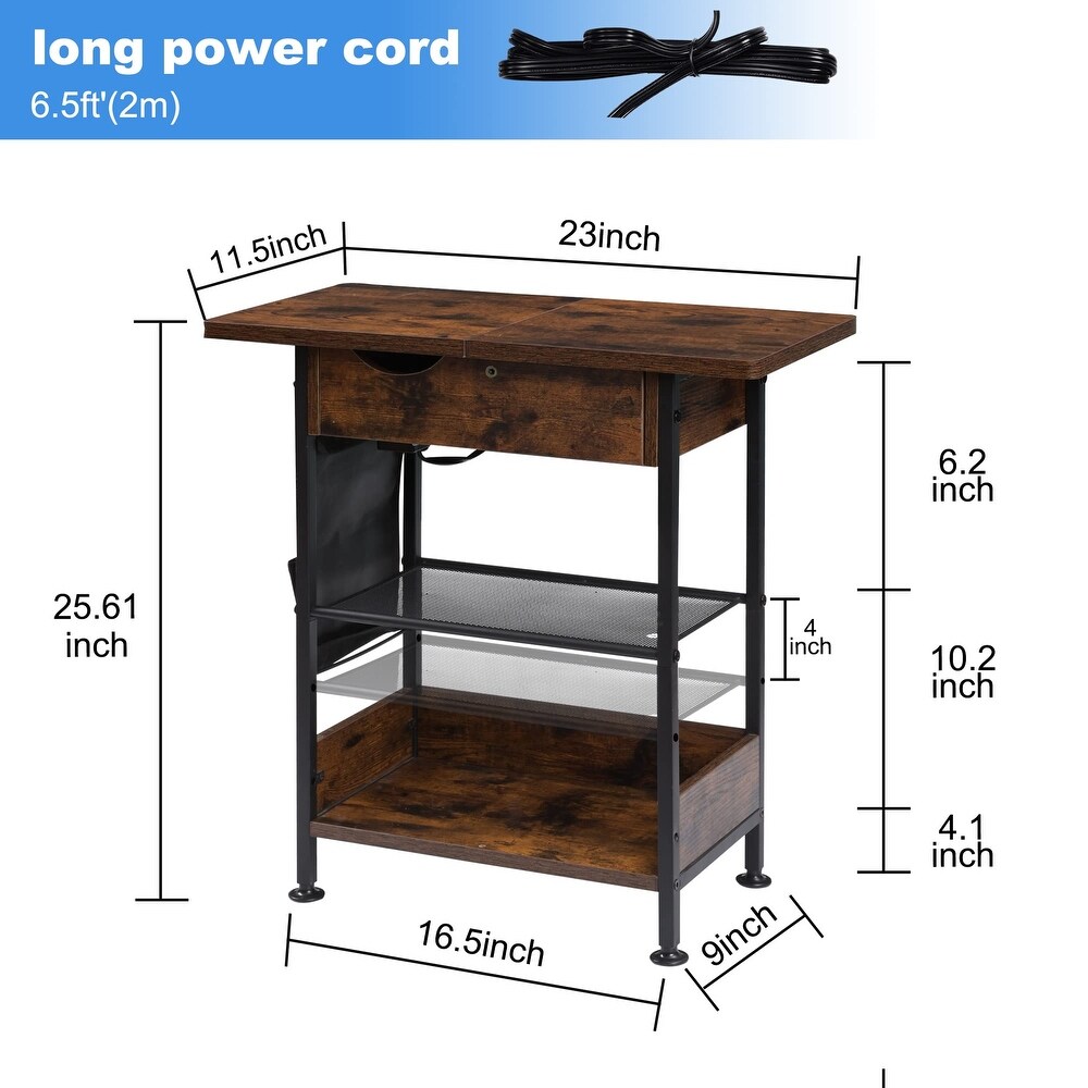 3 Tier End Table with Charging Station  Flip Top Side Table with USB Ports and Outlets for Small Spaces  Nightstand