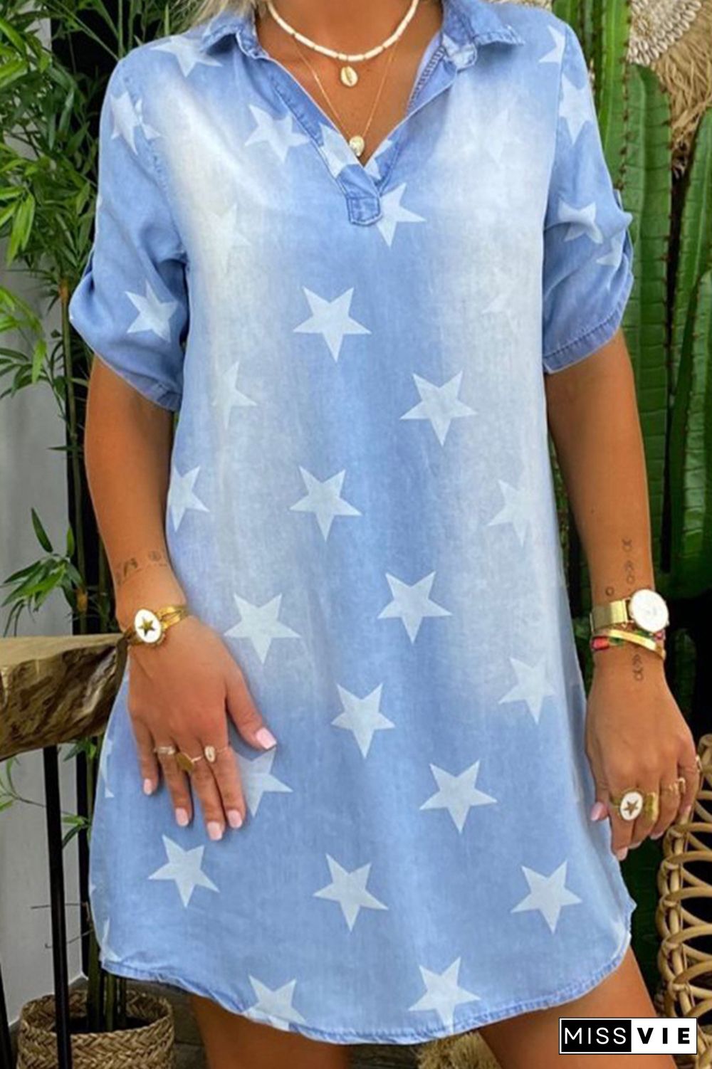 Star Pattern Loose Mini Denim Dress Wholesale