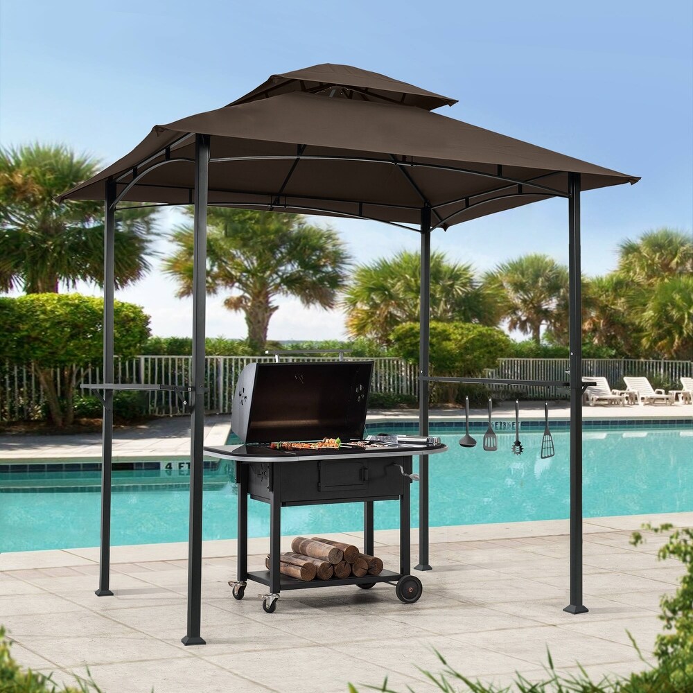 Brown Modern 8 x 5 ft BBQ Grill Gazebo   Season Outdoor Shelter Tent with Double Tiered Canopy and Steel Frame