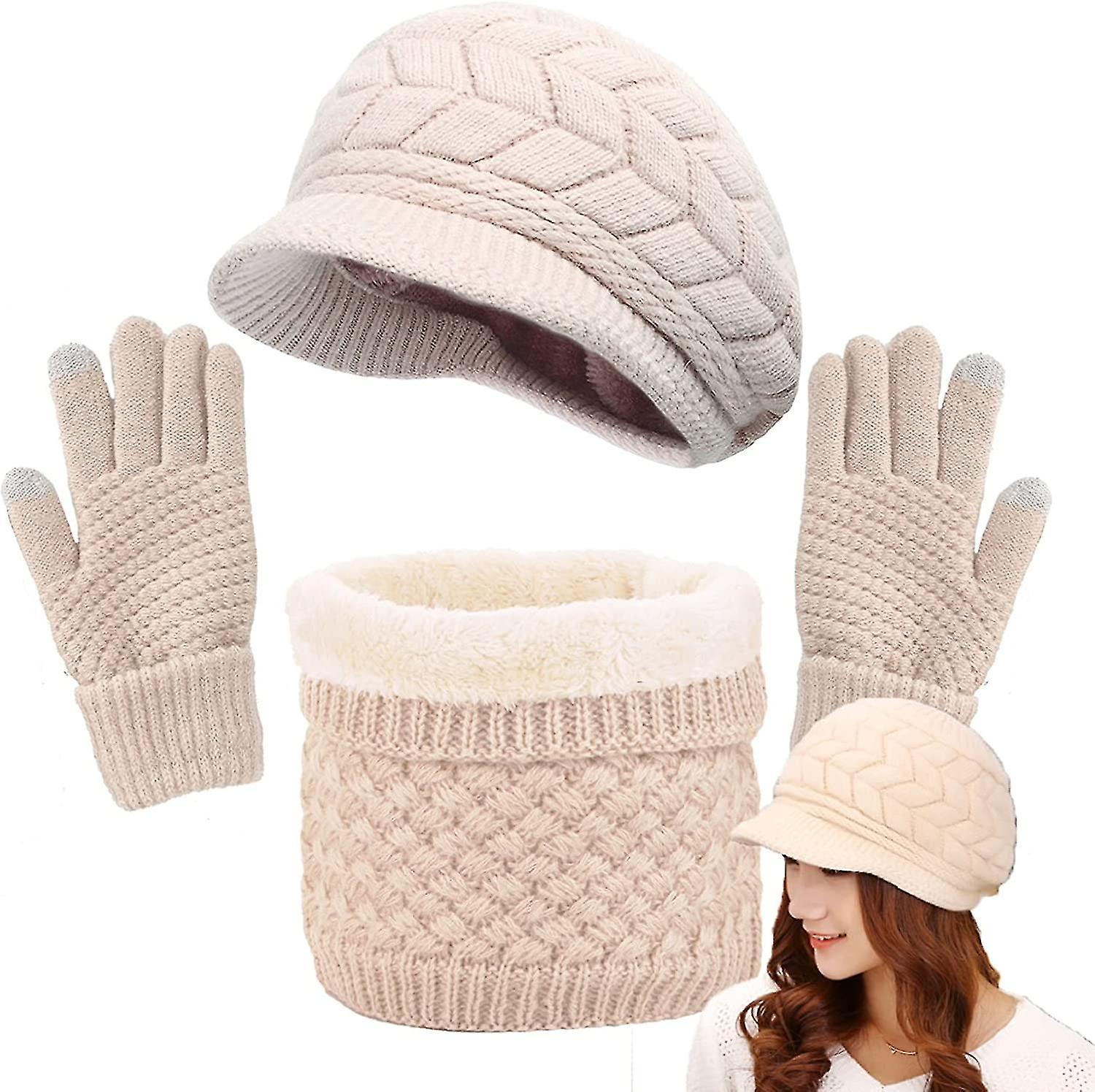 Winter Hat Scarf And Gloves Set Women's Knitted Beret Hat Warm Thermal Neck