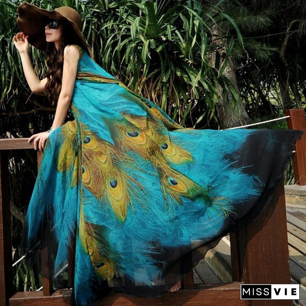 Women Chiffon Plus Sleeveless Tunic Peacock Floral Long Maxi Dress Sundress