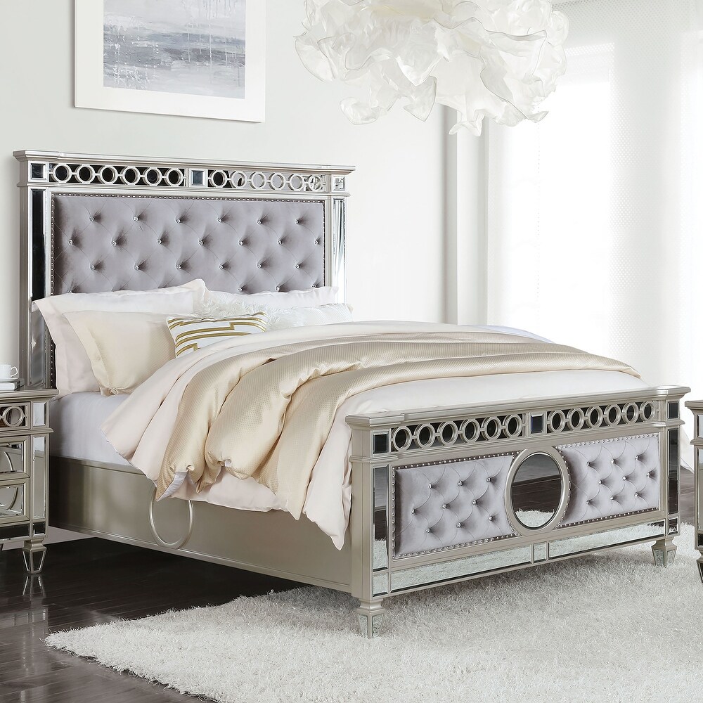 Alyah Glam Grey Wood 3 Piece Tufted Panel Bed and Nightstands Set with USB by Furniture of America