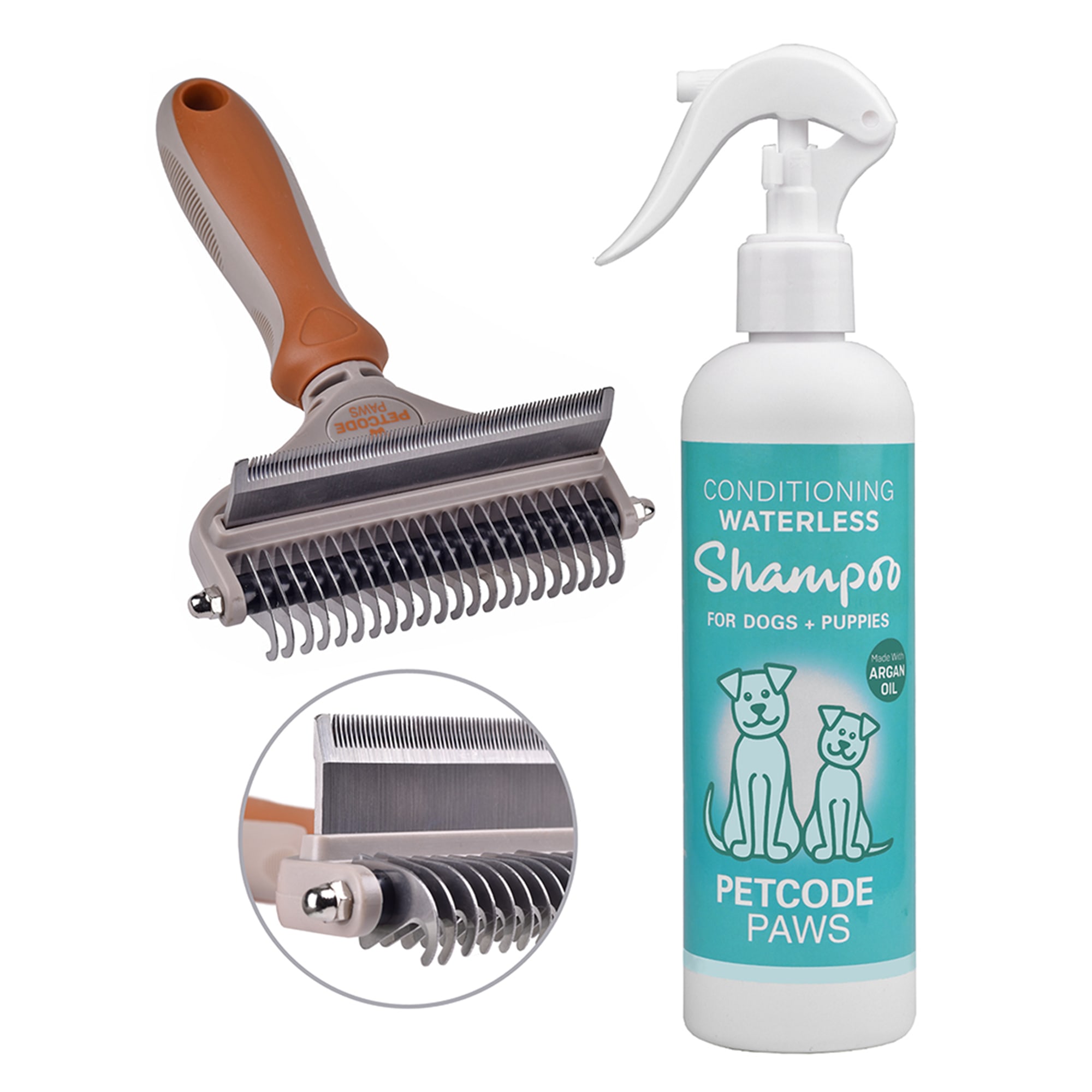 Petcode Paws Large Terra Brown Dog Detangling Kit with Conditioning Waterless Shampoo Spray  Duo Groomer Brush， 10.14 fl. oz.