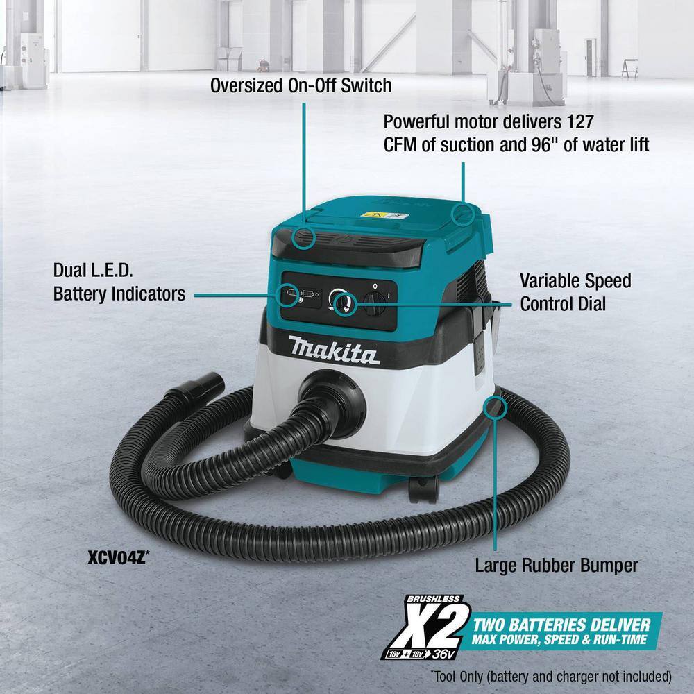 Makita 18V X2 LXT Lithium-Ion (36V) CordlessCorded 2.1 Gal. Dry Vacuum (Tool Only) XCV04Z