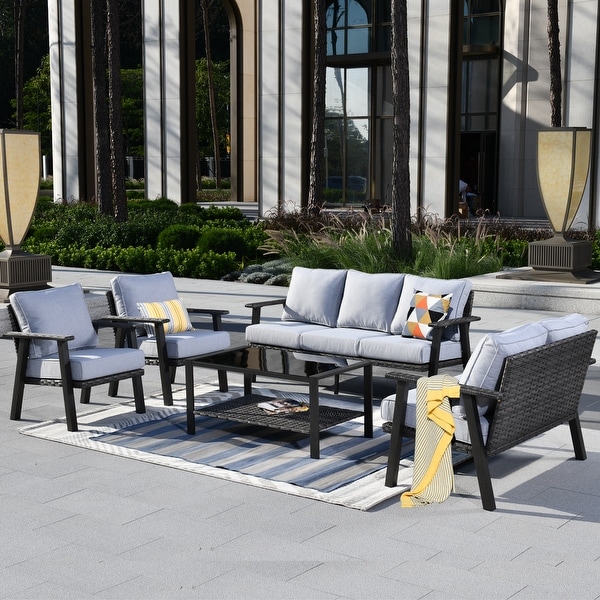 OVIOS 5piece Outdoor Steel Frame Ottoman Wicker Solid Pattern Cushion Sectional Set Glass Top Table