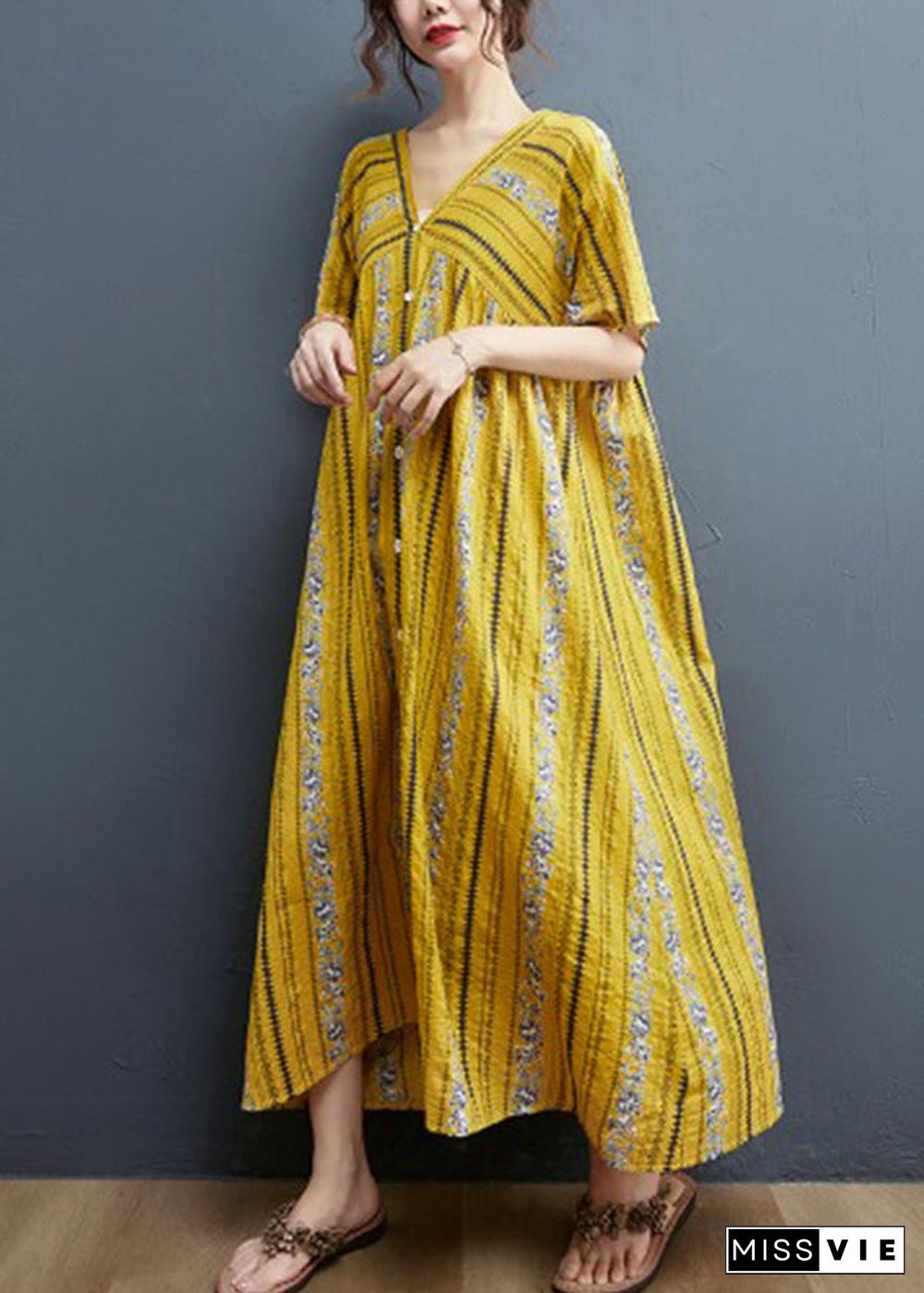 Yellow Print Cotton Maxi Dresses Short Sleeve