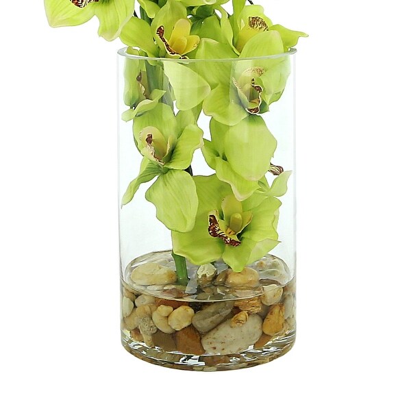 Green Orchids and Vine in Glass Vase with Rocks and Acrylic Water