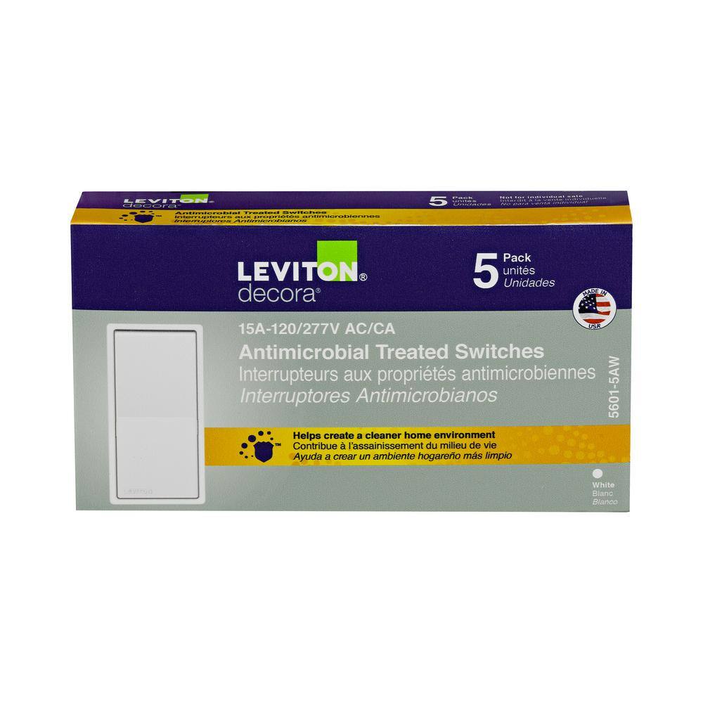 Leviton 15 Amp 120277 Volt Single Pole Antimicrobial Treated Decora Rocker Switch White 5-Pack MA2-05601-5AW