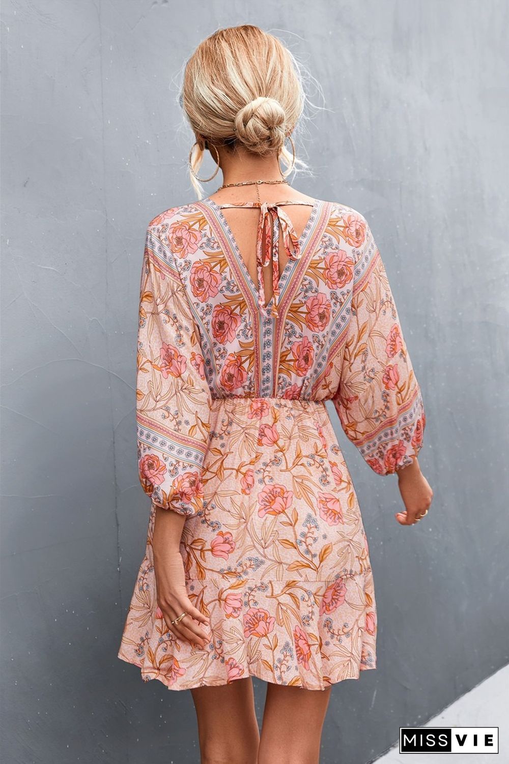 Vintage Floral Print Dress For Women Summer Dresses New Sexy Casual Loose Sweet V-Neck Lace-up High-Rise A-line Mini Dress