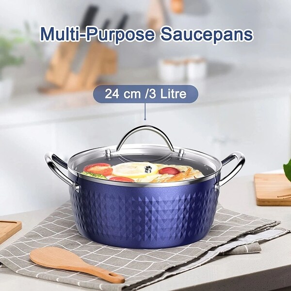 3.7 Quart Cooking Soup Pot with Lid， Round Small Nonstick Soup Pot 3.3 L with Lid， Blue Nonstick Induction Stock Pot