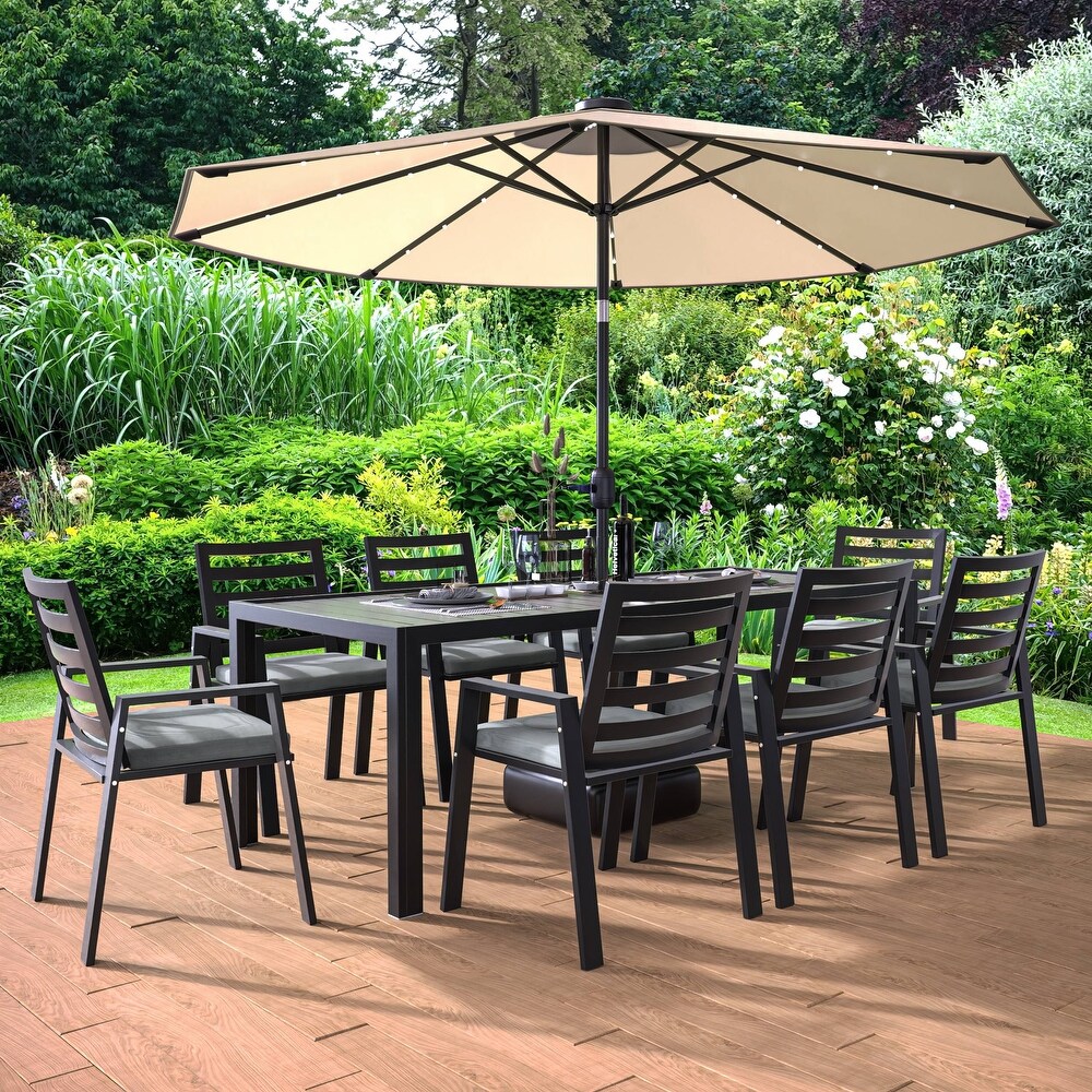 LeisureMod Chelsea Modern 9 Piece Outdoor Dining Set in Black Aluminum