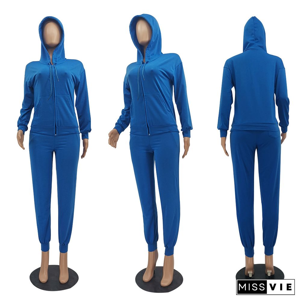 Solid Color Hooded Sweatshirt Pants Two-piece Set