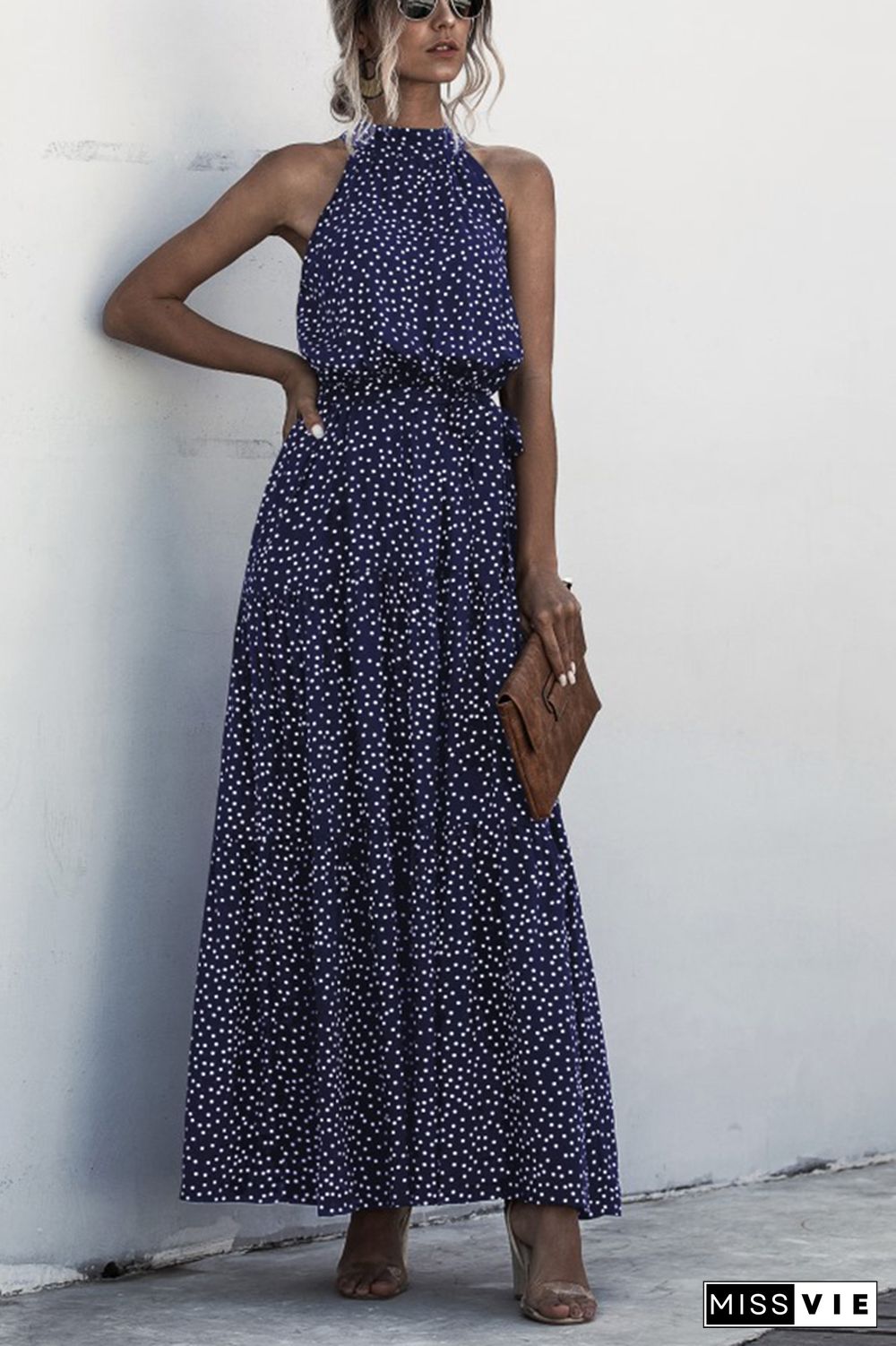 Halter Polka Dot Print Tie Waist Maxi Dress Wholesale