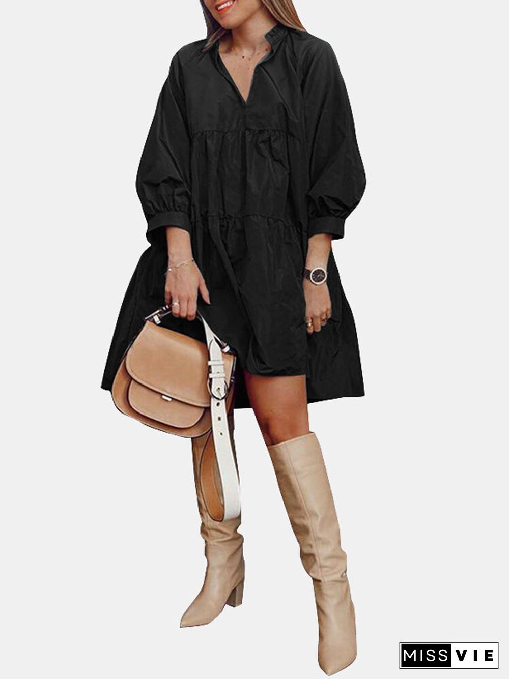 Solid Color Lapel V-neck Collar Lantern Sleeve Midi Dress