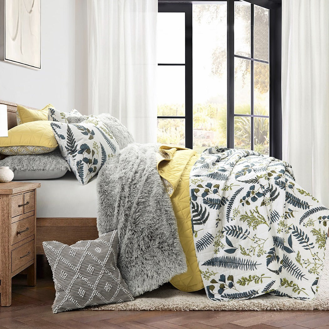 Bedding Bundle: Devonia All Over Quilt + Mid Century Modern Geo Quilt + Emma Two Tone Fur Comforter