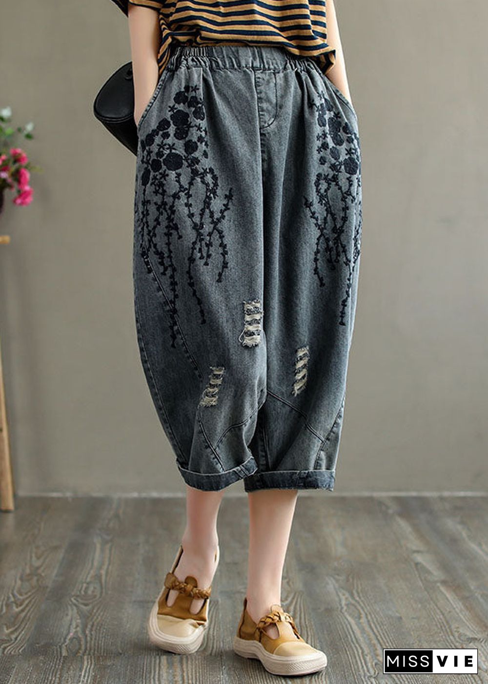 Loose Grey Elastic Waist Embroideried Hole Cotton Harem Pants Summer