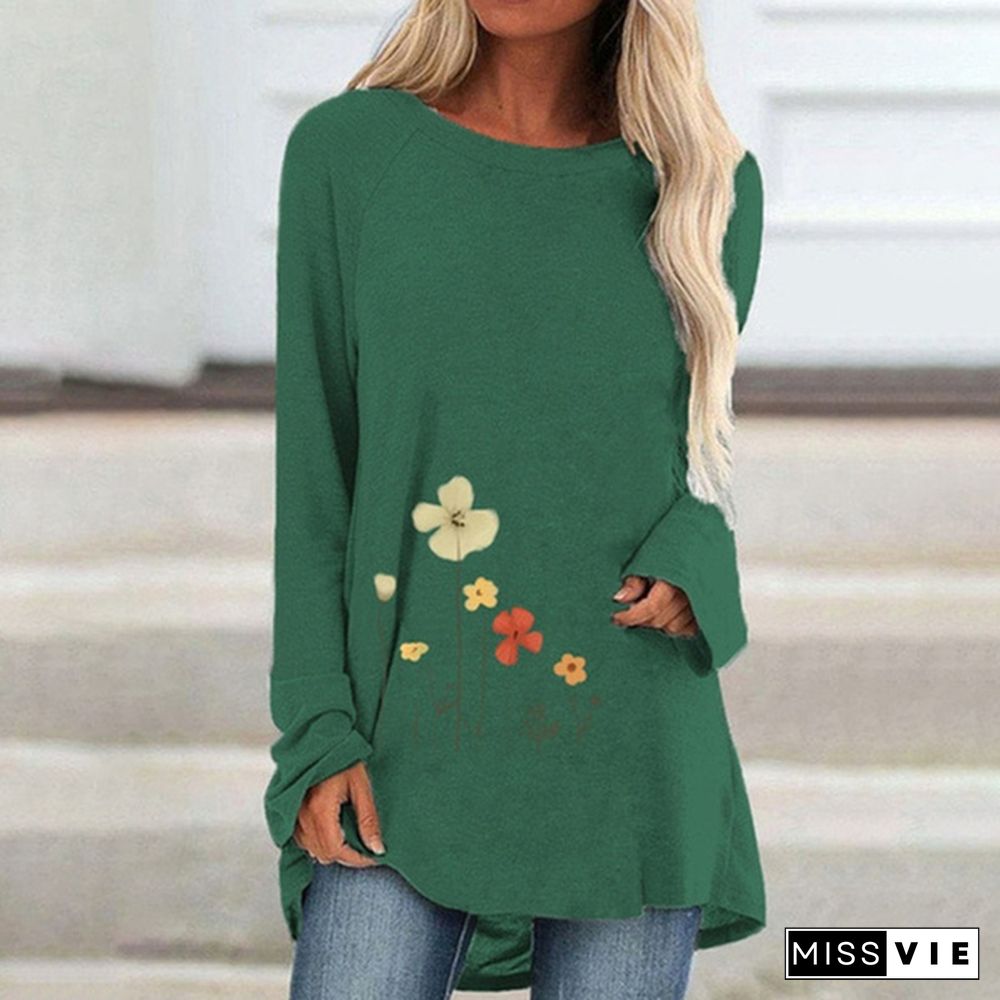 Spring and Autumn Plus Size Fashion Women Clothing Flowers Printed Casual T-shirt Ladies Long Sleeve Round Neck Pullover Tops