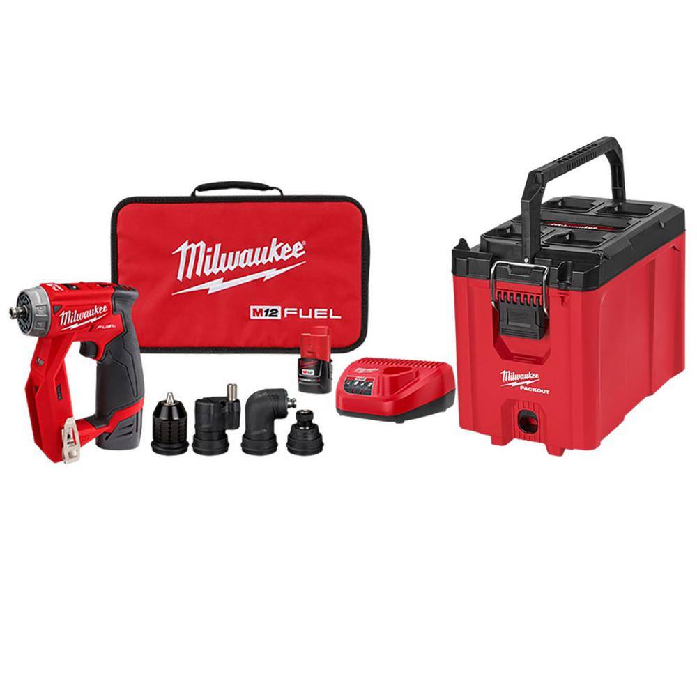 MW M12 FUEL 12V Lithium-Ion Brushless Cordless 4-in-1 Installation 38 in. Drill Driver Kit  4-Tool Heads WPACKOUT 2505-22-PO