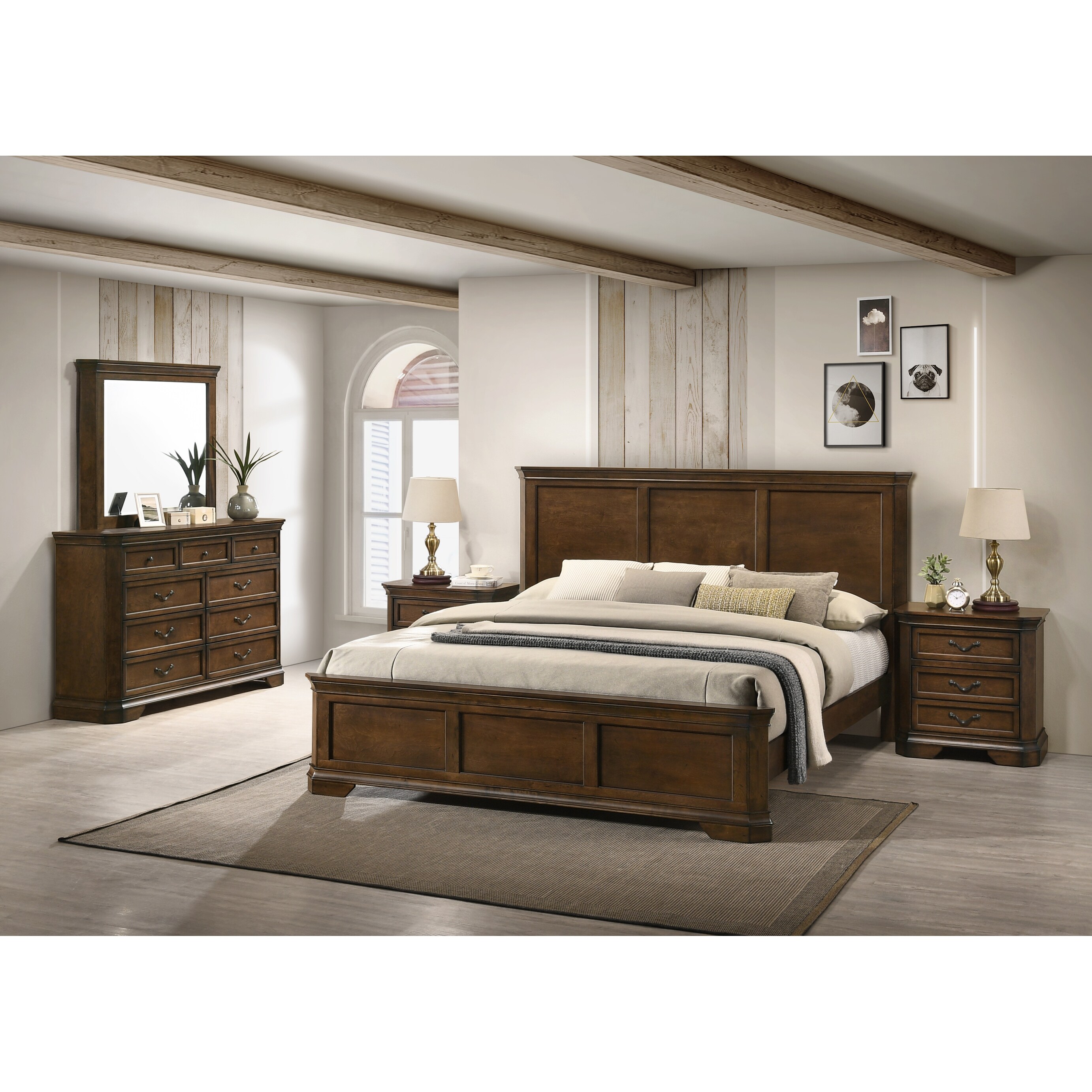 Roundhill Furniture Maderne Traditional Wood Panel Bed with Dresser， Mirror， Two Nightstands， Antique Walnut Finish - - 36258560