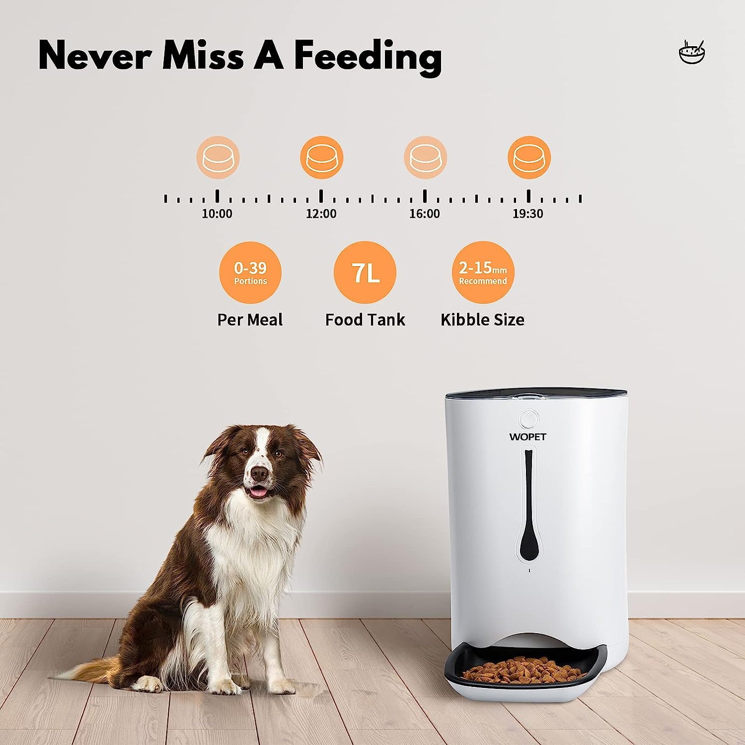 WOPET Automatic Cat Dog Pet Feeder， 7L Pet Food Dispenser， Up to 4 Meals Per Day， Timer Feeder