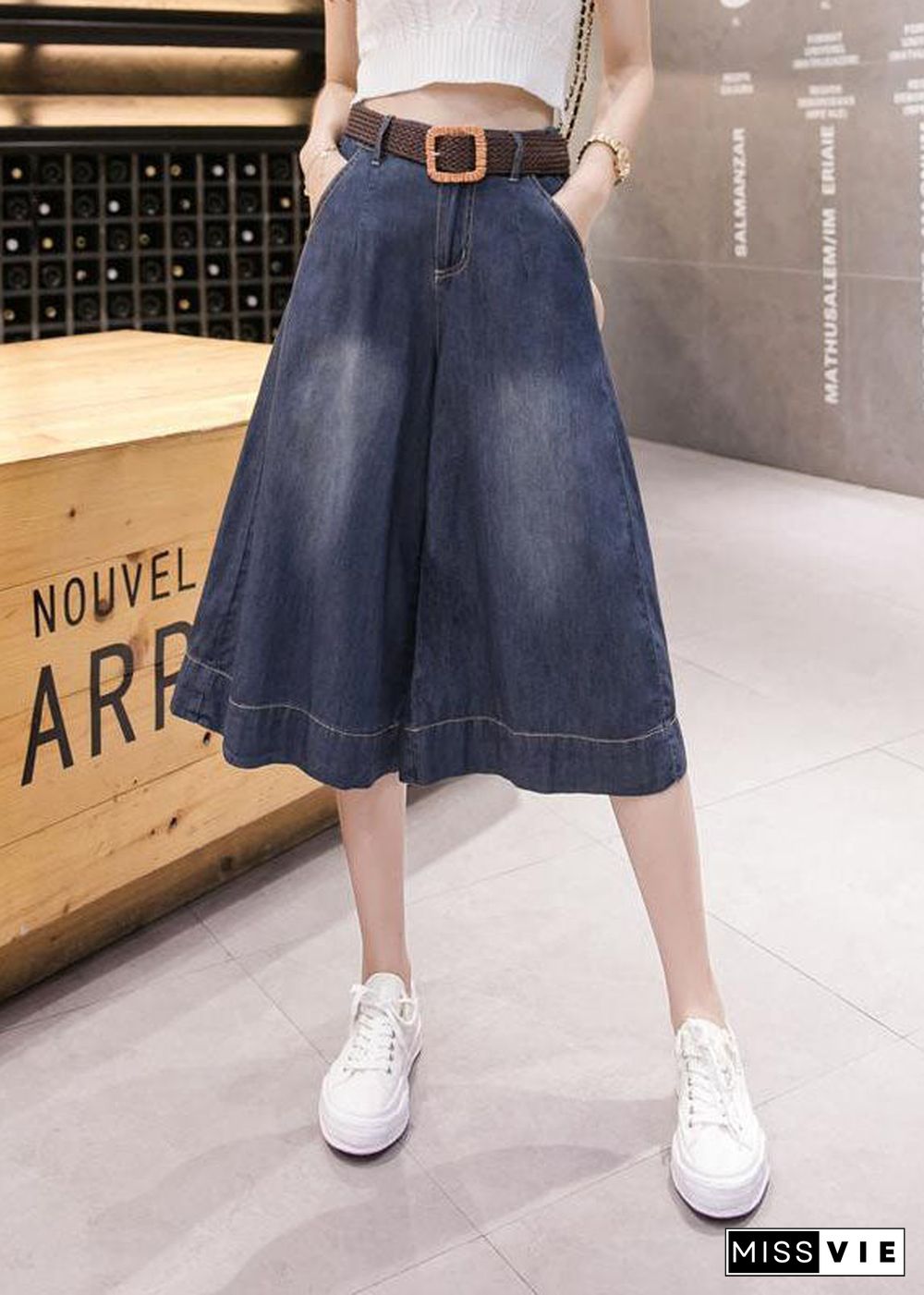 Fine Dark Blue High Waist Oversized Pockets Cotton Wide Leg Crop Pants Summer