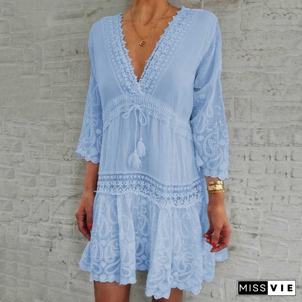 Women Fashion Floral Printed Dress Casual Beach Dress Summer V-Neck Lace Dress Sexy Party Dress 3/4 Sleeve Boho Dress