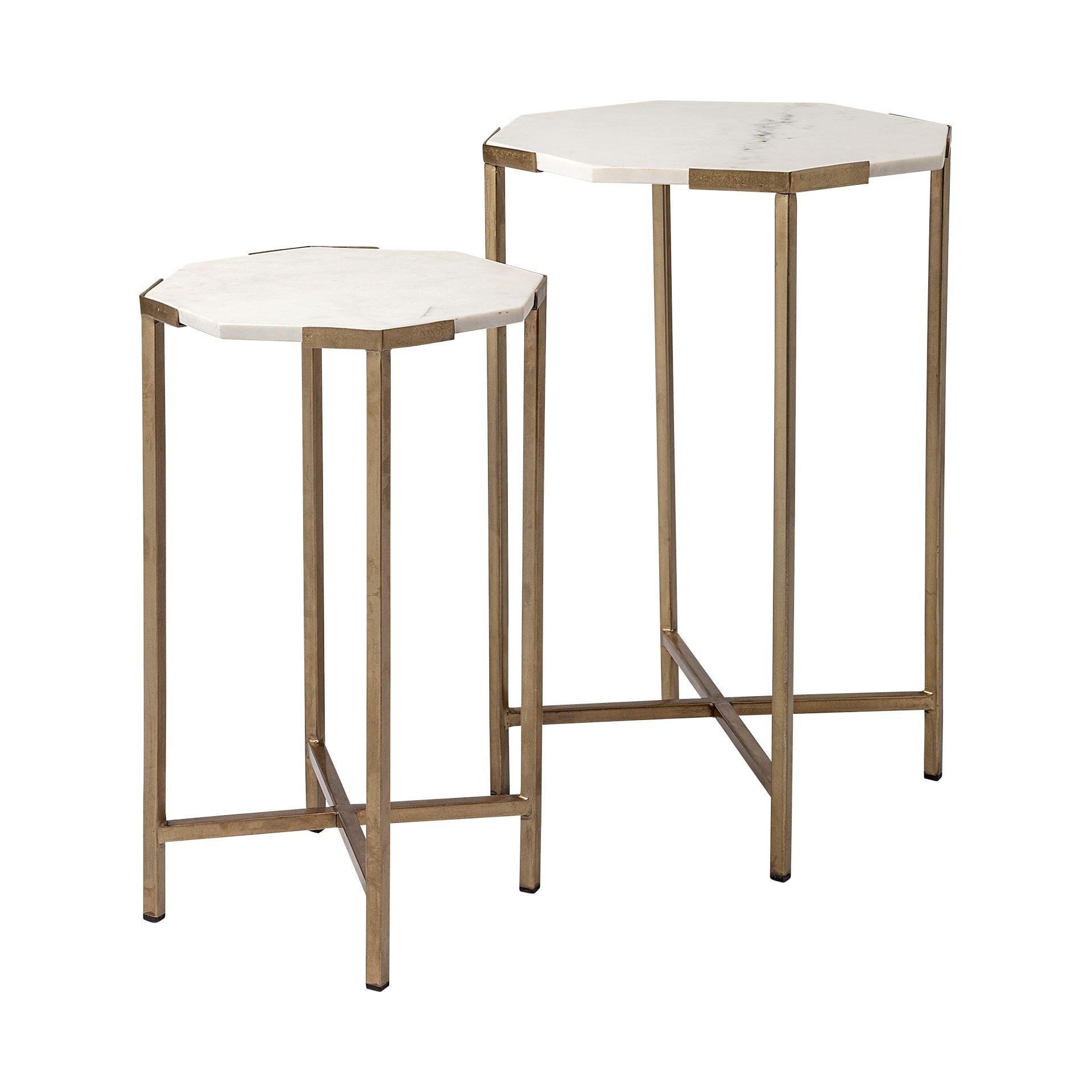 Vincent II 15.5 x 24.5 Set of Two White Marble and Iron Octagon End/Side Tables