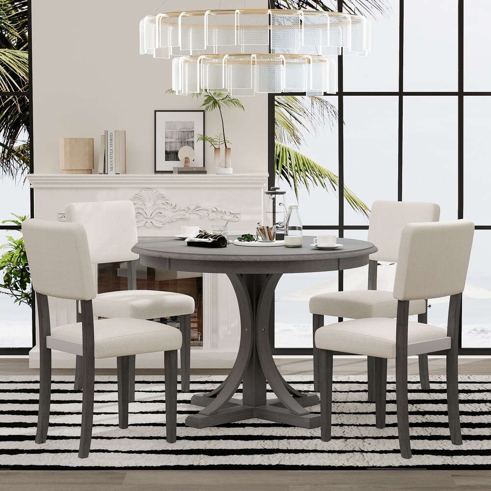 5 Piece Dining Table Set Solid Wood Round Table   4 Upholstered Chairs