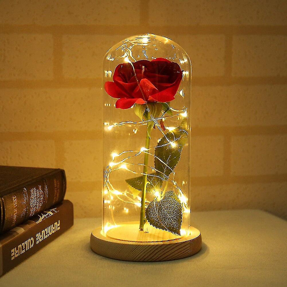 Rose Vase Beauty Table Lamp Red Rose With Led Light Glass Dome Valentine's Day Gift Beige Base