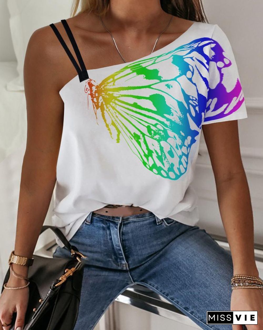 One Shoulder Butterfly Print Casual T-shirt P13715