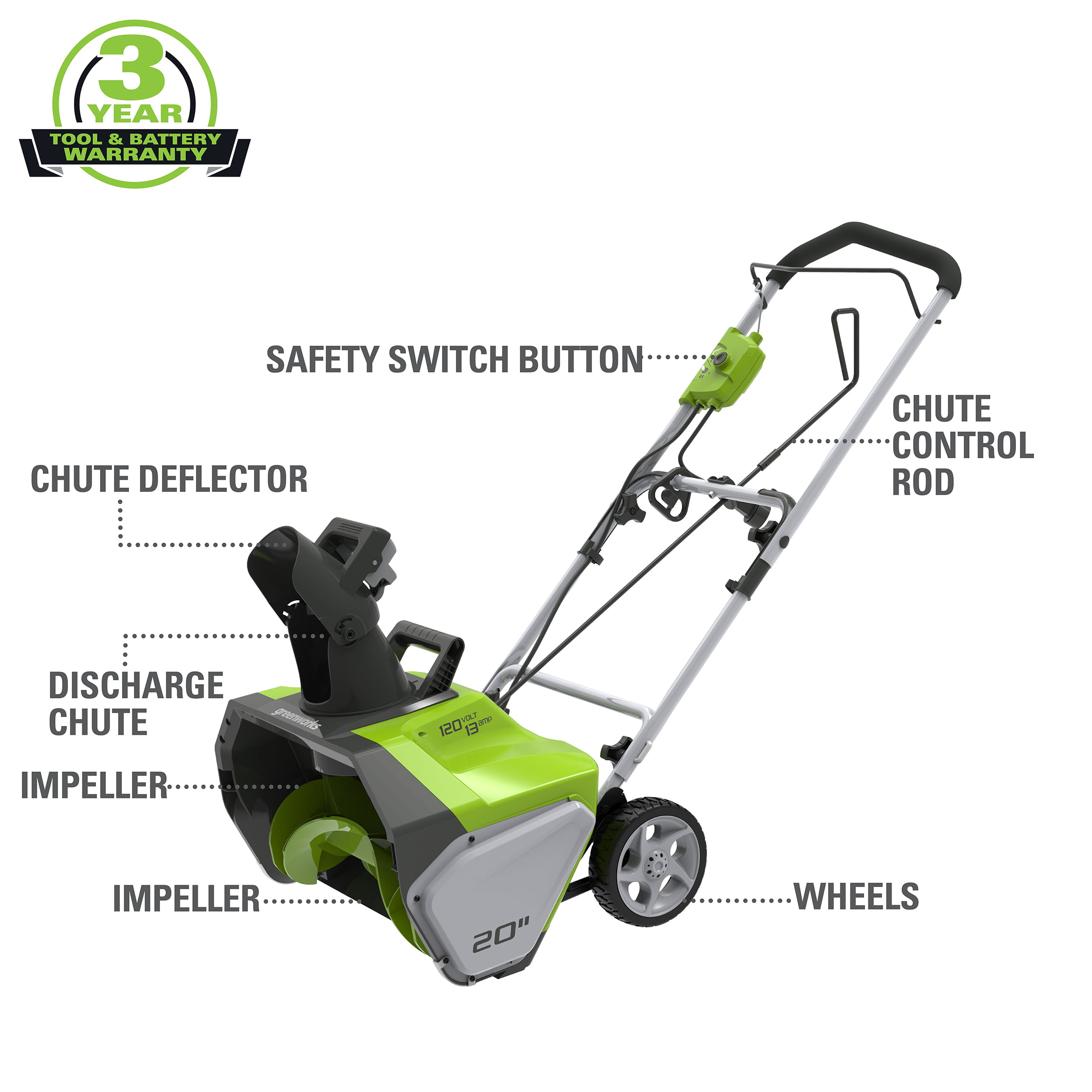 Greenworks 13 Amp 20 in. Corded Electric Snow Thrower， 2600502