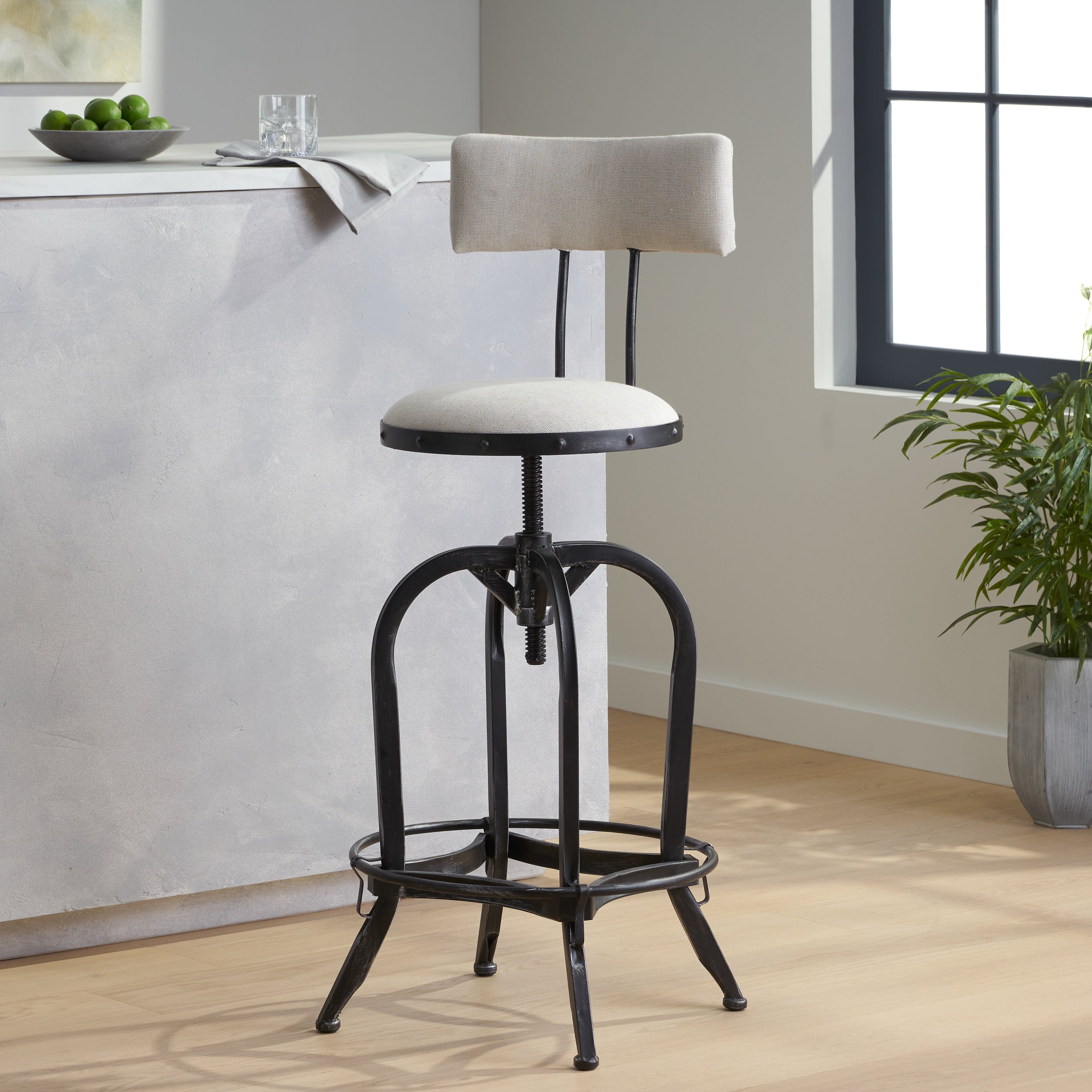 Contemporary Adjustable Fabric Off-White Swivel Barstool w/ Backrest