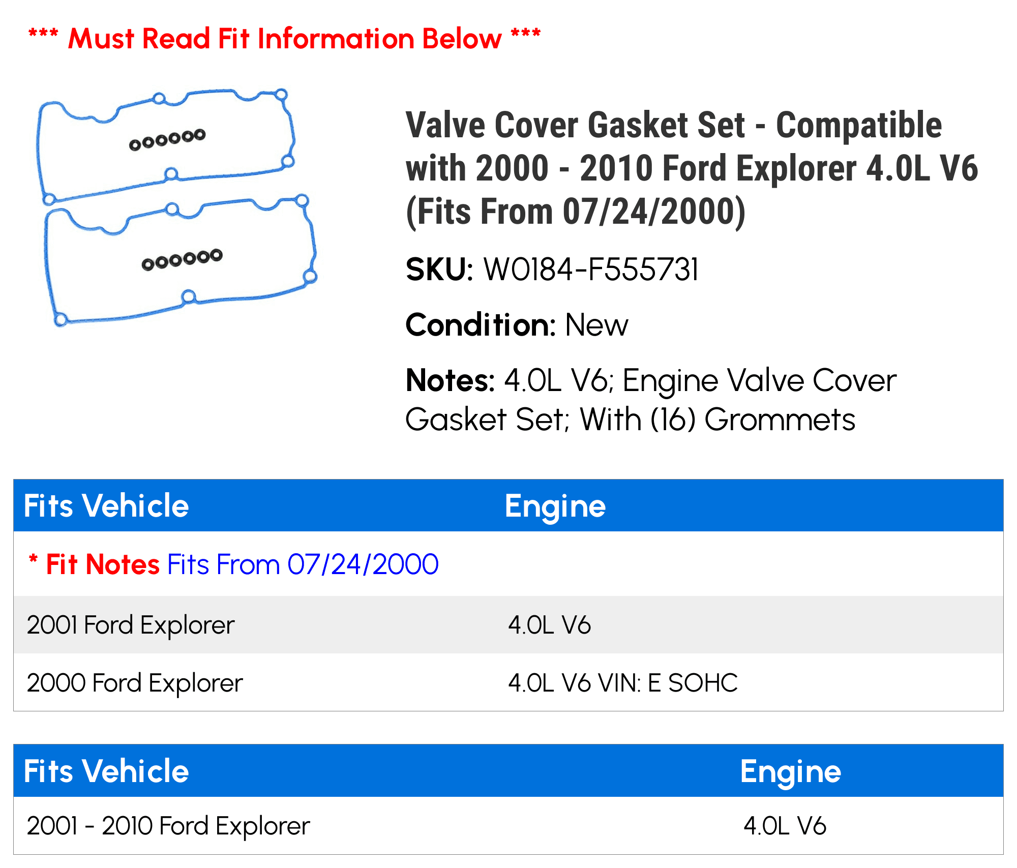 Valve Cover Gasket Set - Compatible with 2000 - 2010 Ford Explorer 4.0L V6 (Fits From 07/24/2000) 2001 2002 2003 2004 2005 2006 2007 2008 2009