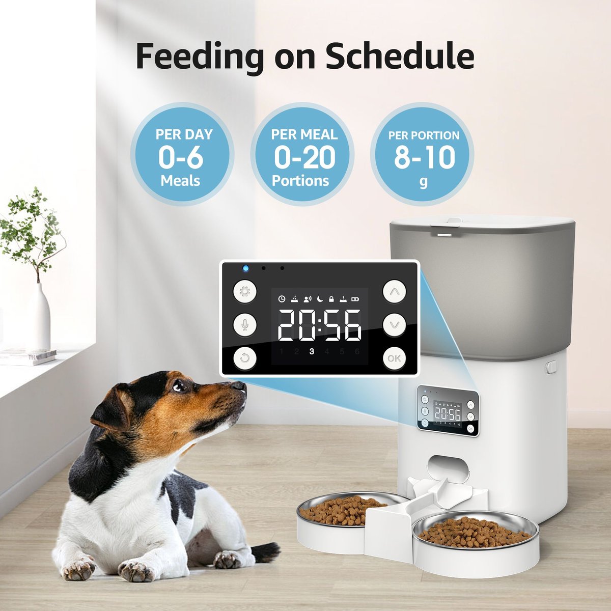 Bueteka Automatic Food Dispenser with Splitter and Stainless Bowls Cat and Dog Feeder， 6-lit