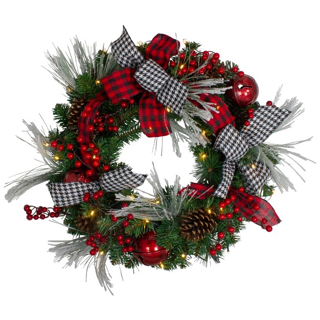 Northlight Pre lit Decorated Plaid And Houndstooth Artificial Christmas Wreath 24 inch Warm White Lights